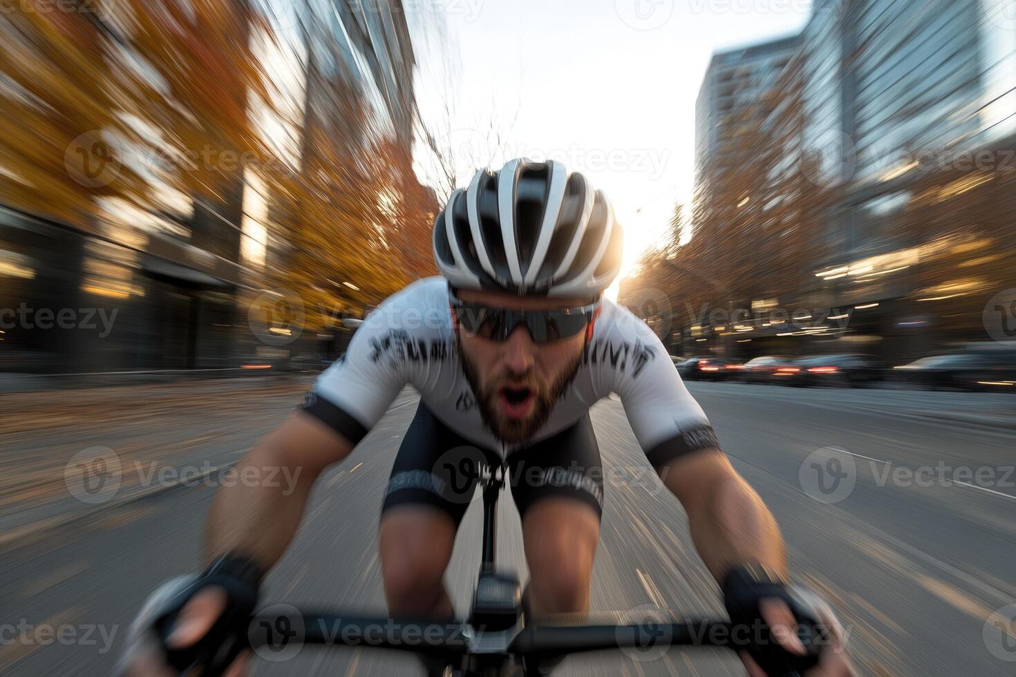 A cyclist in a white jersey races through a bustling city street during sunset, with golden autumn leaves and tall buildings surrounding them photo