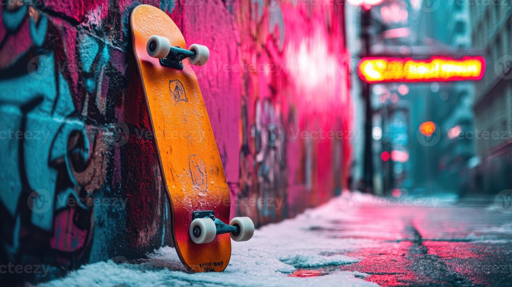 A brightly colored skateboard leans against a textured graffiti wall in a lively alley. Snow covers the ground while neon lights glow in the background, creating an energetic atmosphere photo