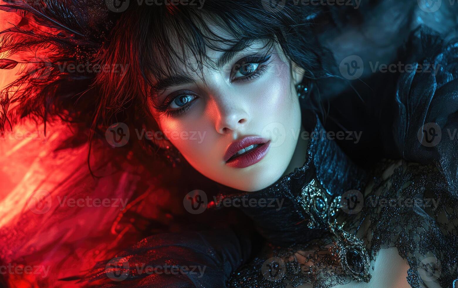 A model poses with intense expression, adorned in dark, ornate clothing and dramatic makeup. Colorful lighting enhances the ethereal and captivating atmosphere photo