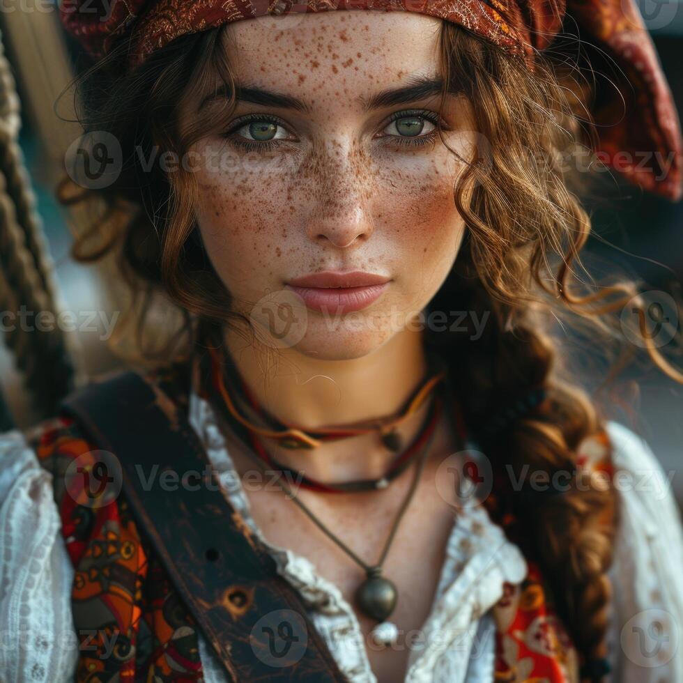 A young woman dressed in a vibrant, historical costume stands near a ship, evoking the romantic essence of the Middle Ages. Her accessories reflect Baroque and Rococo influences photo