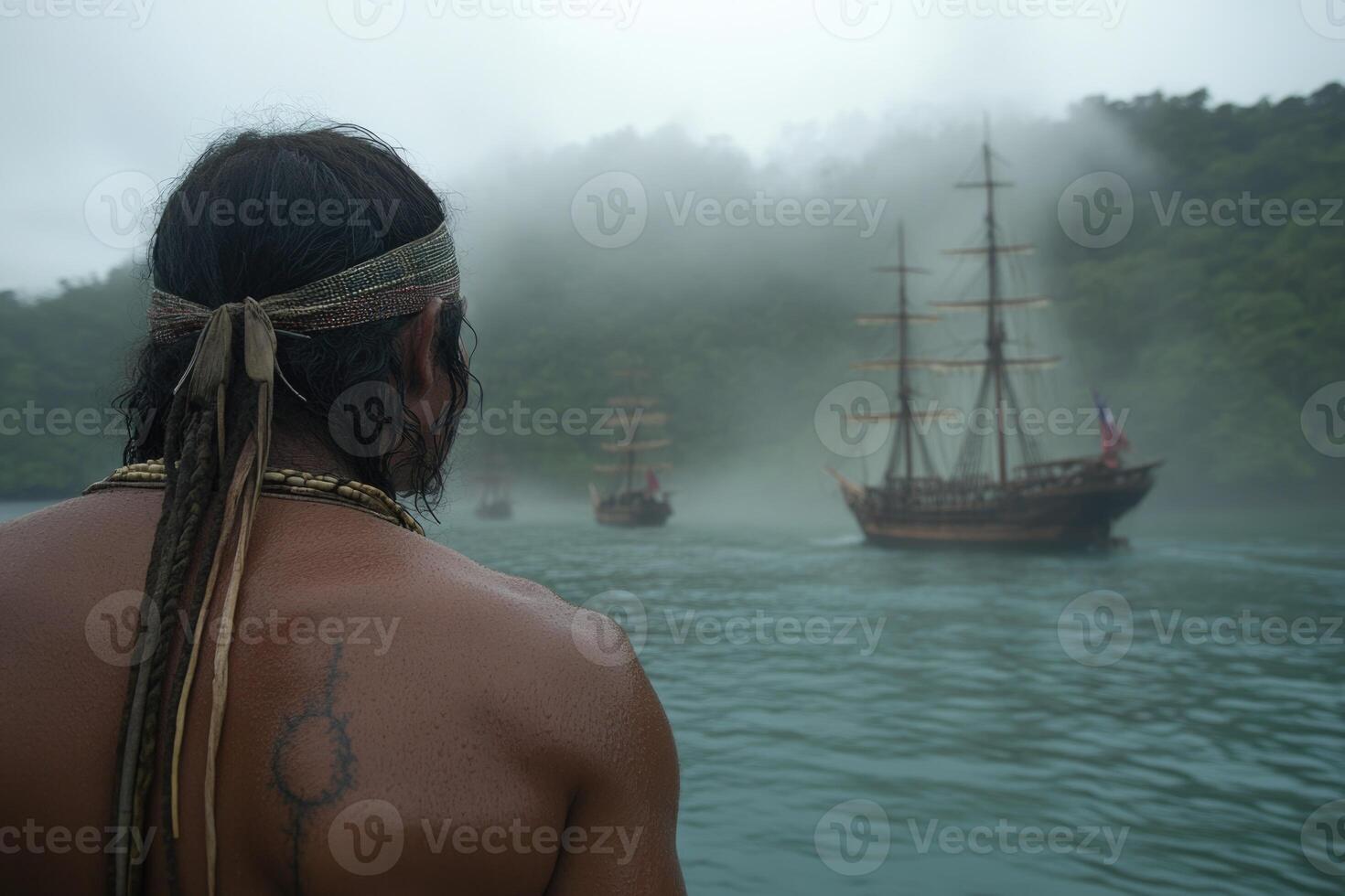 Indigenous people stand on the shore, gazing at European ships as they approach in foggy waters. This moment marks the beginning of significant historical interactions in 1492 photo