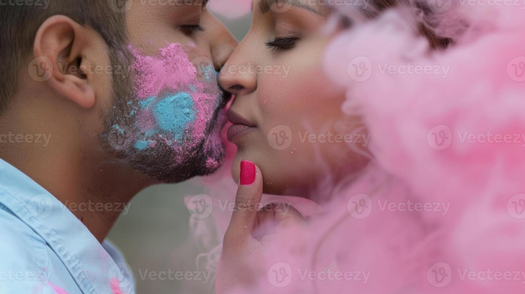 A couple is sharing a tender moment, their faces close together, as they are adorned with colorful powders photo