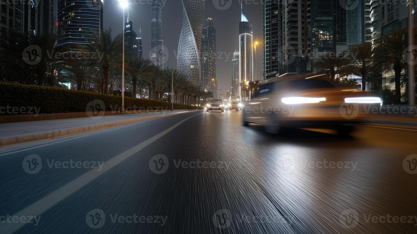 Lively urban street in Dubai at night filled with moving cars. The towering skyscrapers are illuminated, creating a vibrant atmosphere. Palm trees line the road, enhancing the cityscape photo