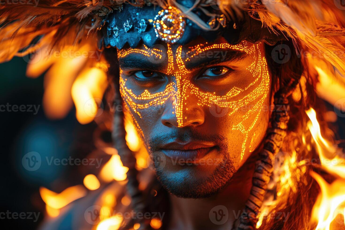 A tribal warrior showcases elaborate face paint decorated with glowing patterns, wearing feathers and ornaments. The backdrop features warm, glowing elements that enhance the cultural celebration photo