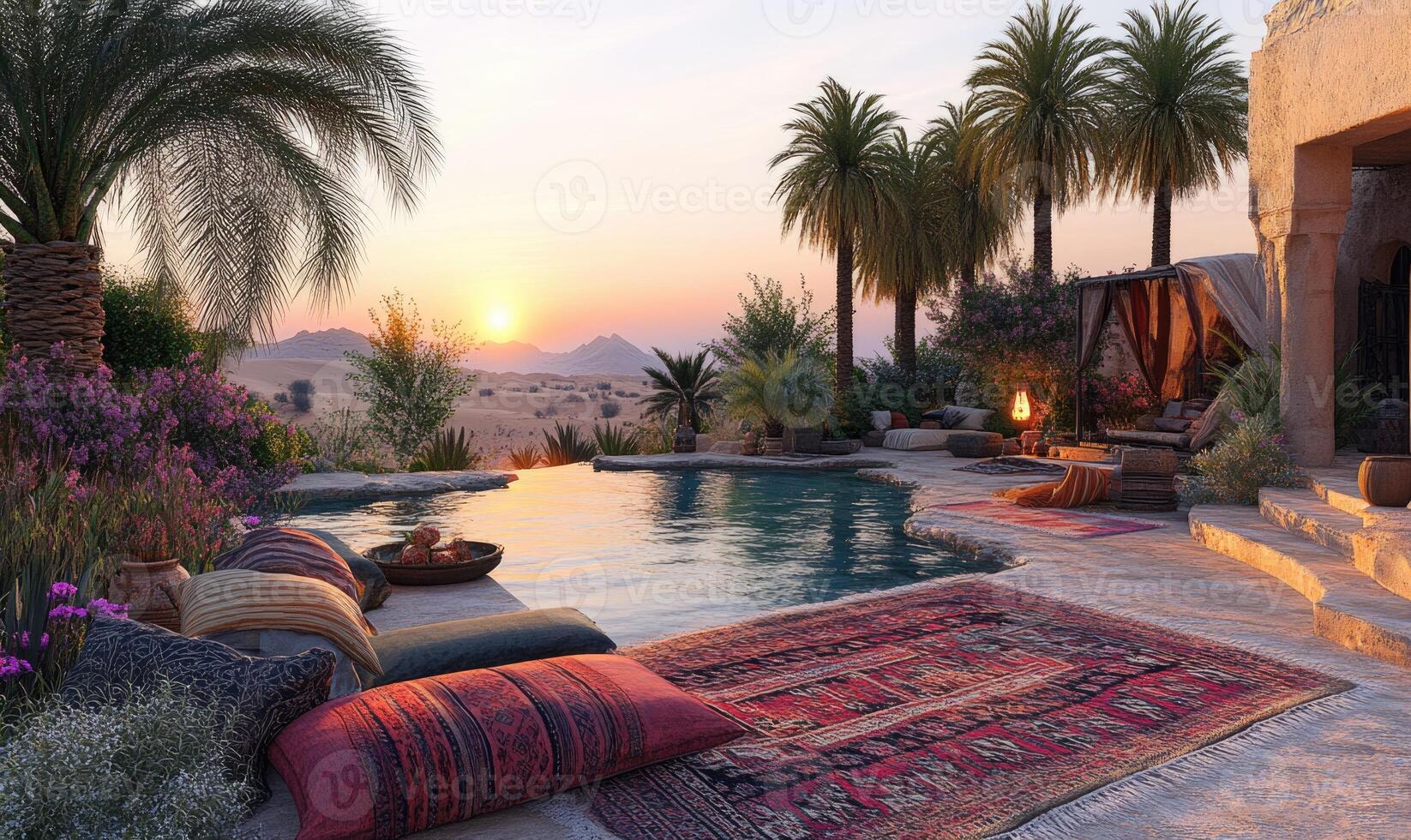 A tranquil desert oasis features a serene swimming pool surrounded by lush palm trees and vibrant flowers. Colorful cushions and rugs enhance the relaxing ambiance during sunset photo