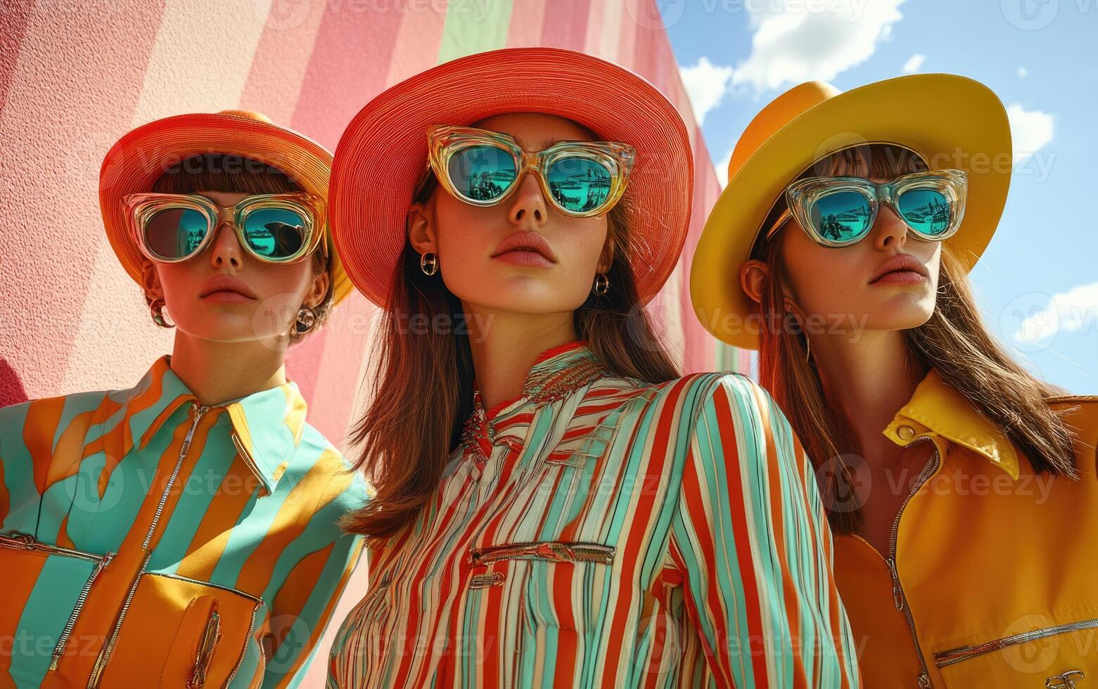 Three models pose confidently in bright, stylish clothing and oversized sunglasses against a backdrop of colorful stripes, capturing a fun, summer vibe during daylight photo