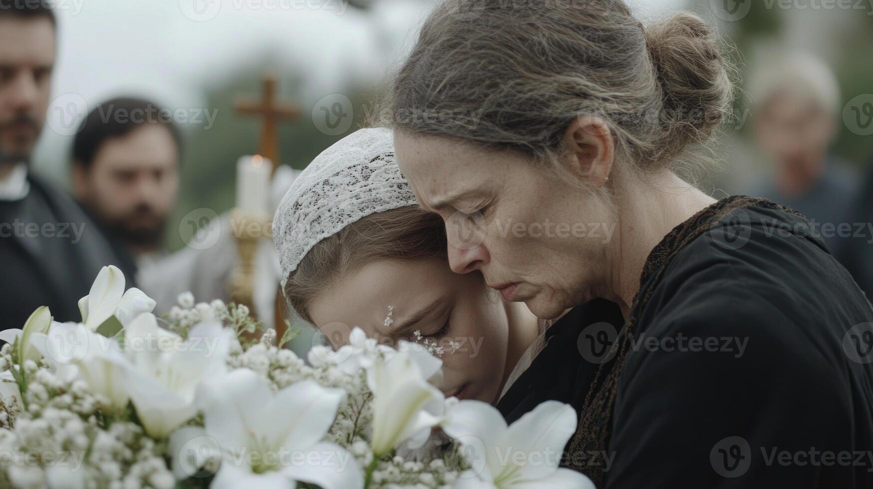 A gathering of grieving family members at a cemetery, expressing their sorrow as they remember a loved one. Floral arrangements surround them, enhancing the solemn atmosphere photo