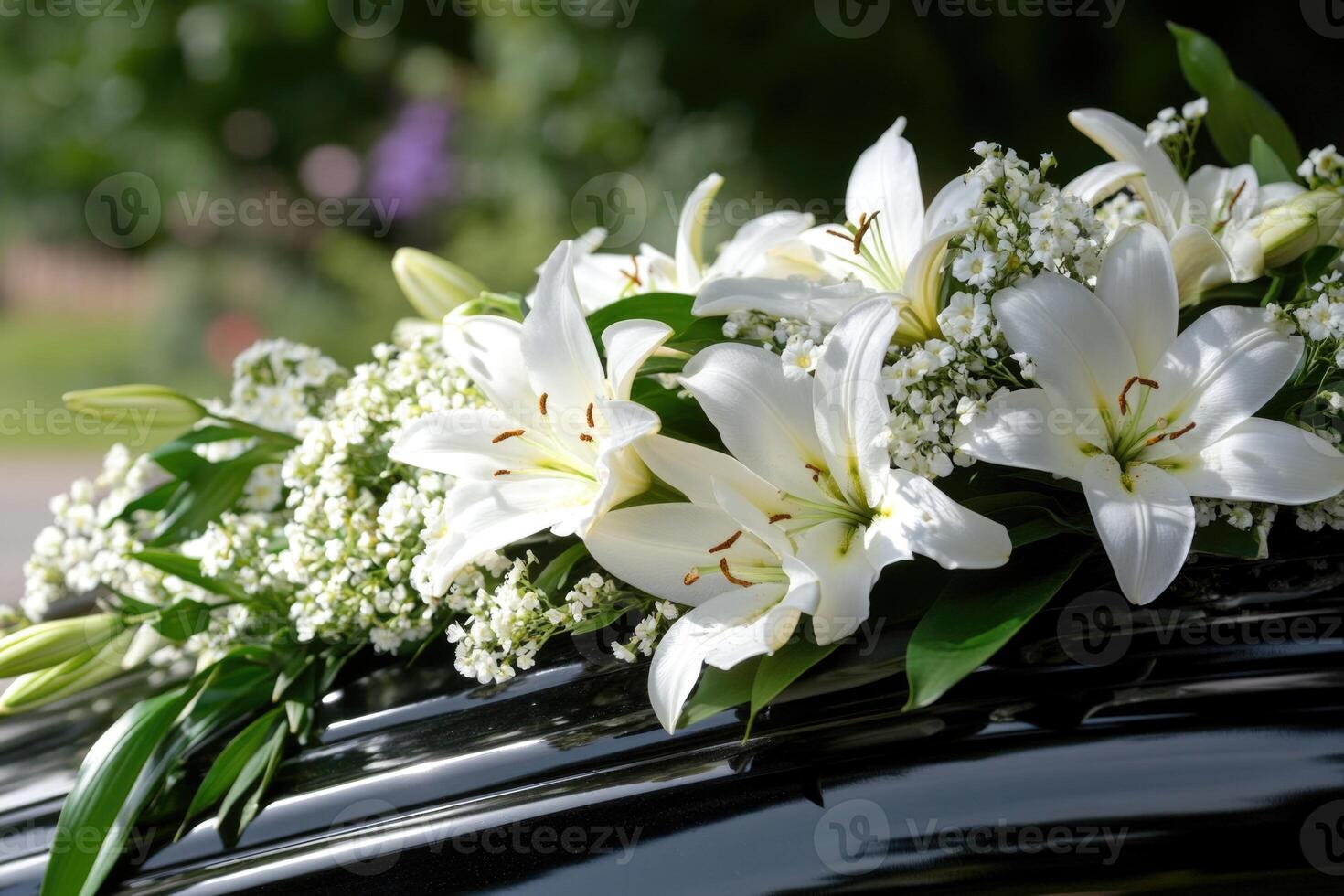 A beautiful arrangement of white lilies and greenery decorates the top of a black hearse, symbolizing respect and remembrance for a loved one during the funeral service photo