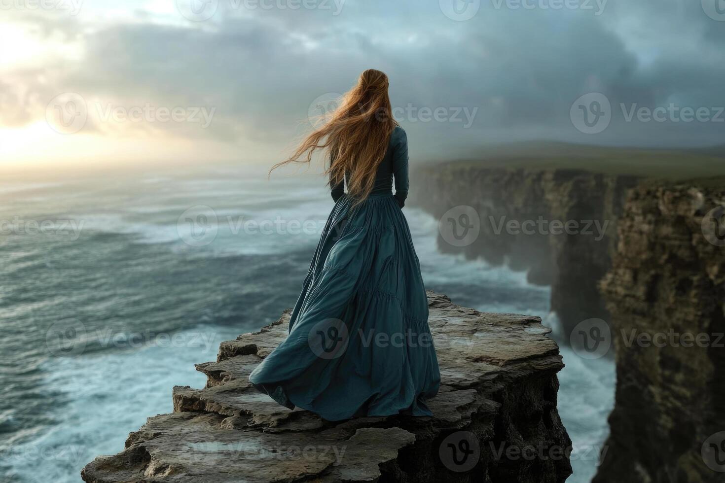 A female figure stands on a cliff, gazing at the turbulent sea. The scene captures an essence of romanticism, blending neoclassicism with elements of Baroque and Rococo from the Middle Ages photo