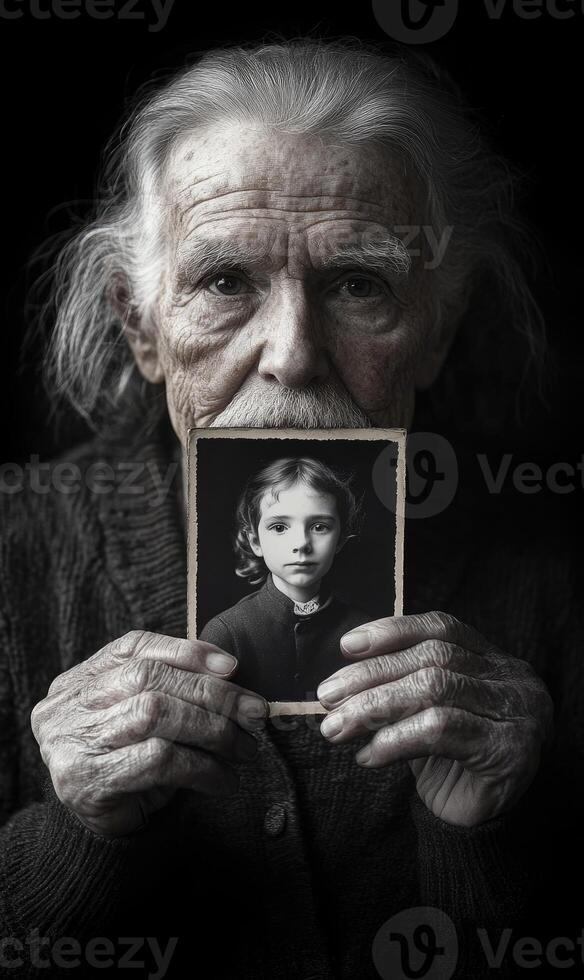 An elderly man with white hair and deep wrinkles holds a black-and-white portrait of a young child. The soft, dim lighting highlights the emotions on his face and the texture of his hands photo
