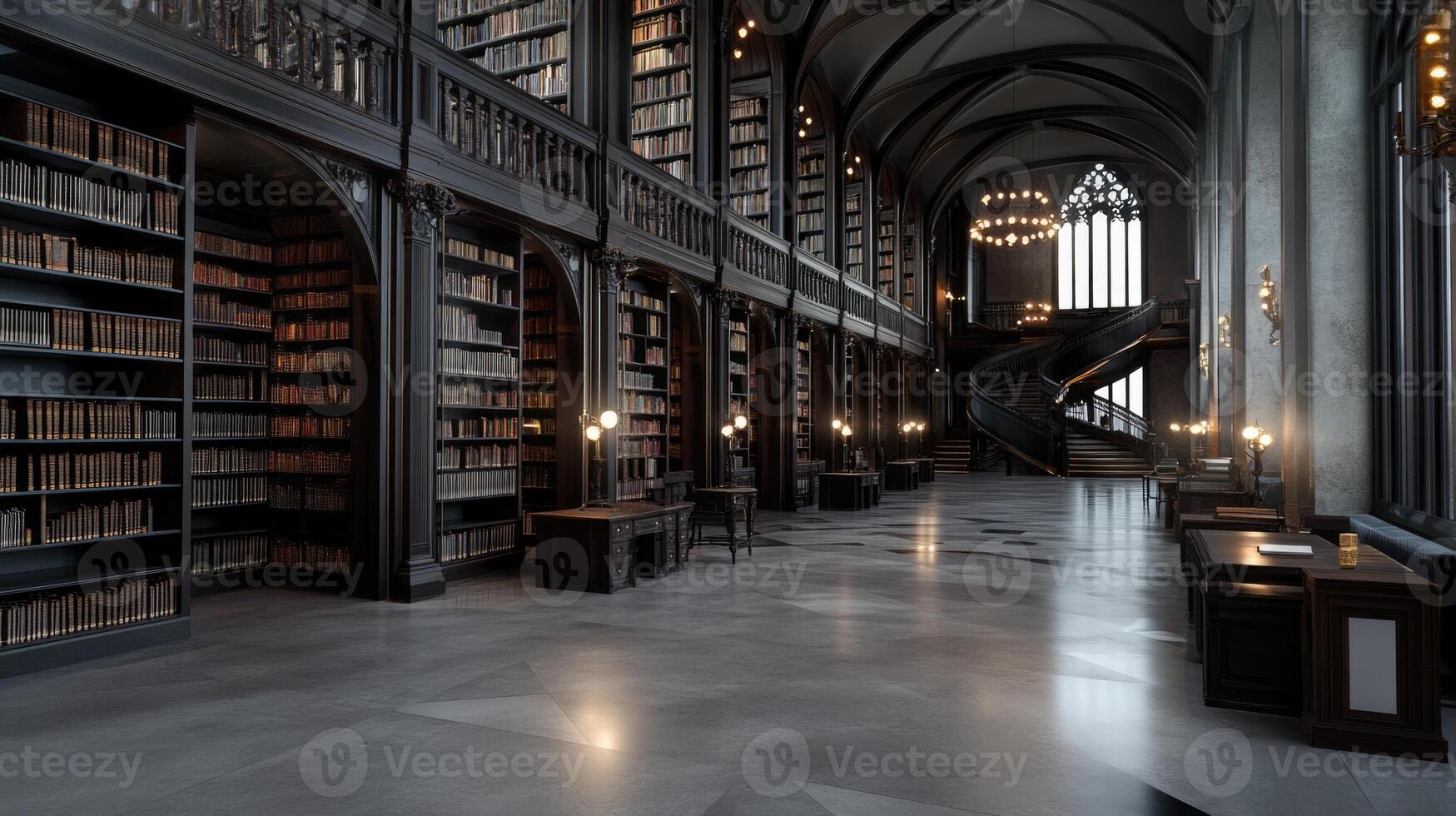 Inside a grand library, towering shelves filled with books line the walls, complemented by intricate architectural features and soft lighting illuminating the study areas photo
