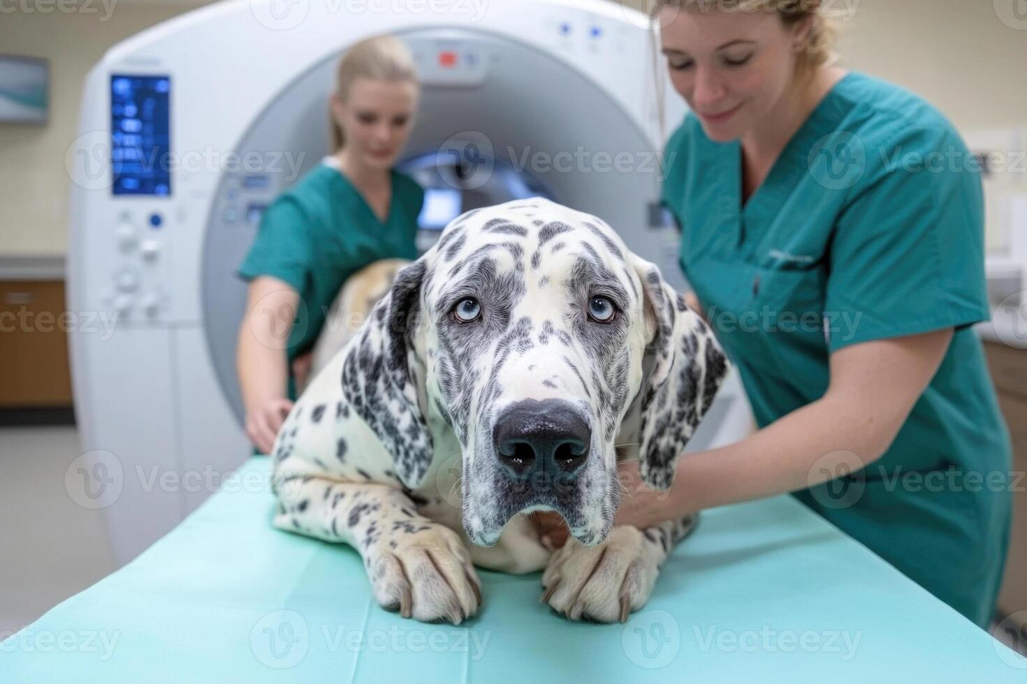 Two veterinarians assist a dog on a table, preparing it for an MRI in a veterinary clinic. The caring environment showcases the importance of pet well-being and diagnostic imaging photo