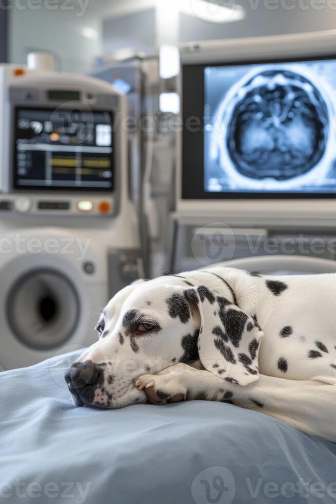 A dalmatian dog lies calmly on a soft surface while a veterinarian readies it for an MRI scan in a state-of-the-art veterinary facility, ensuring optimal pet care and diagnostic imaging photo