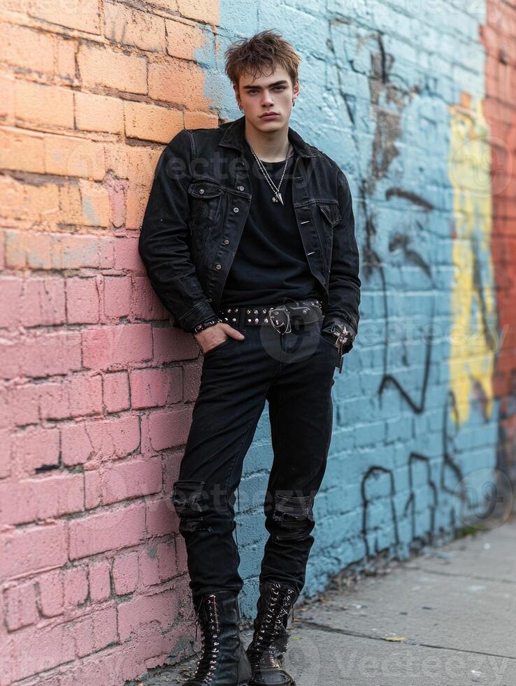 A young man stands confidently wearing a black denim jacket and pants, accessorized with a belt. He leans against a vividly painted brick wall, showcasing urban vibes photo