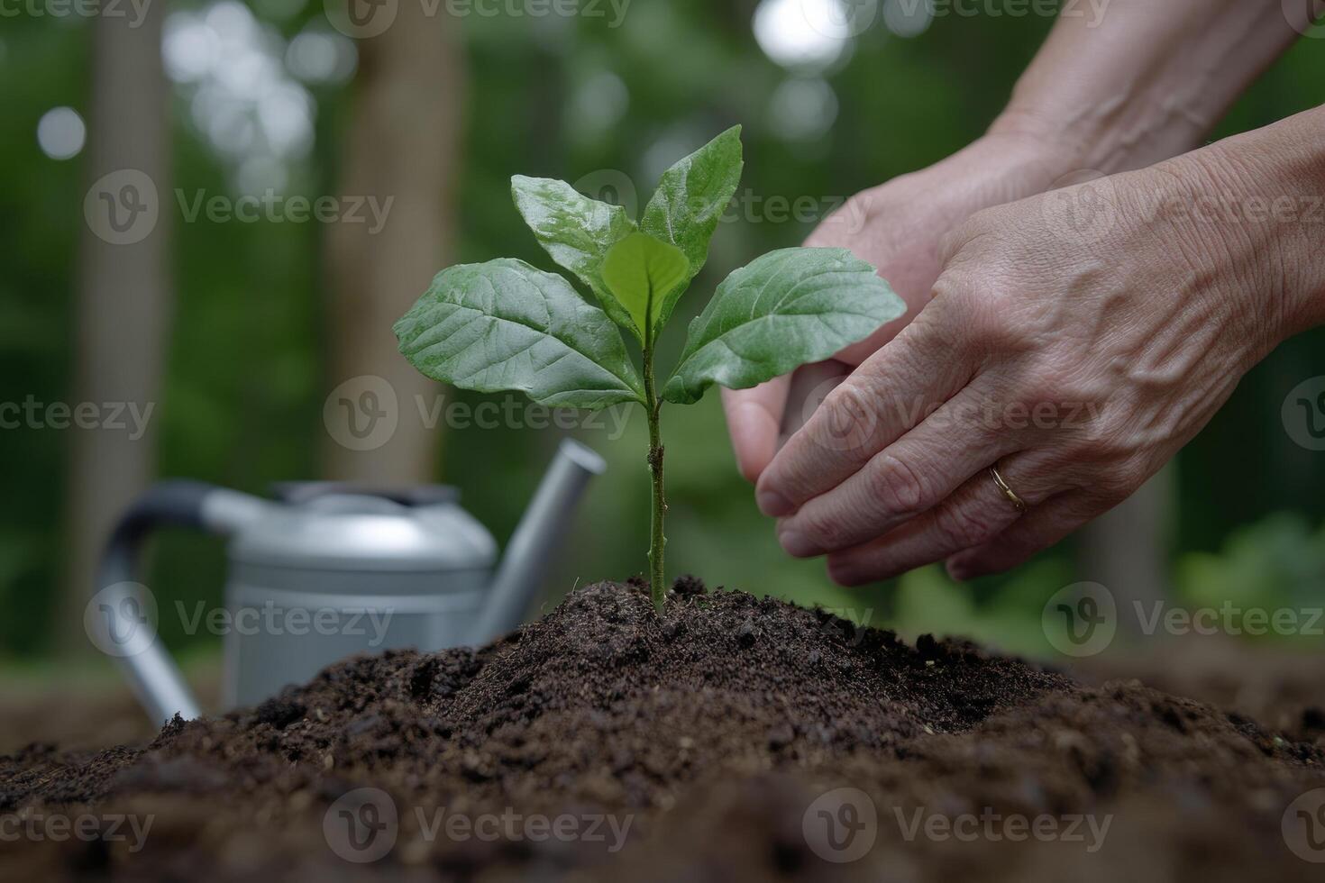 Hands gently care for a young green plant emerging from dark soil with a watering can nearby. The scene conveys a sense of nurturing and growth in a sunny garden photo