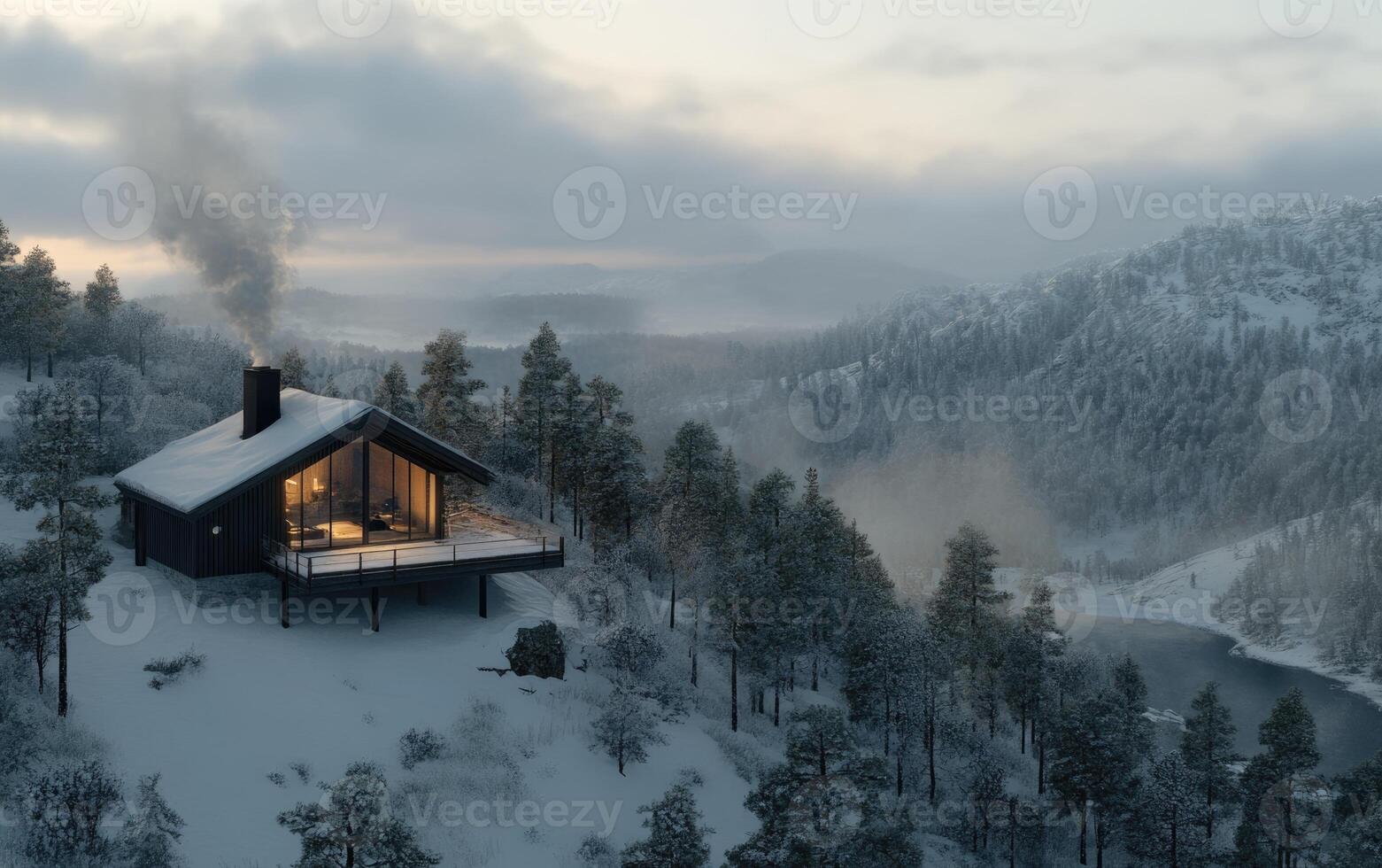 A modern cabin is situated on a snowy slope amidst tall trees in the mountains. Smoke rises from the chimney as the sun sets, casting a golden glow on the serene landscape photo
