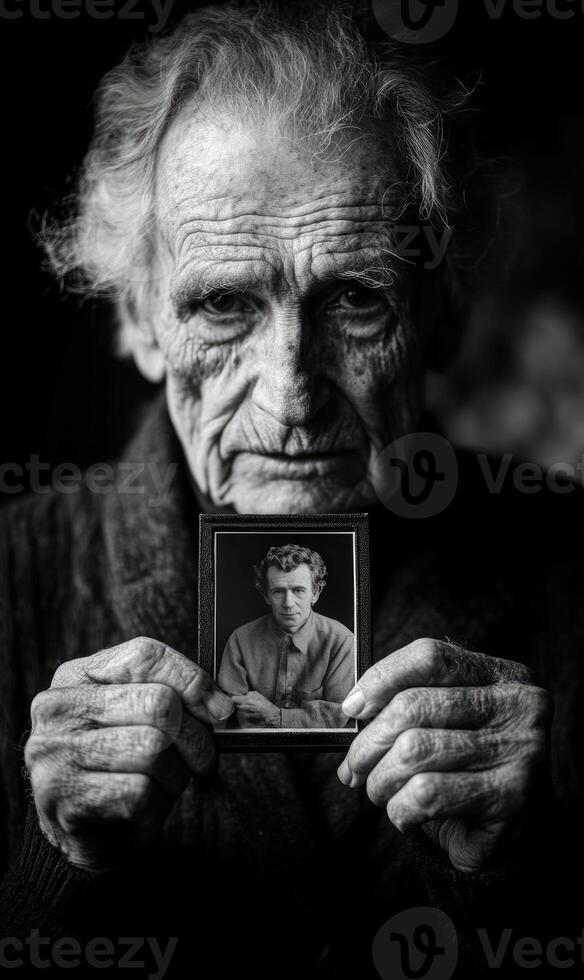 An elderly man with a weathered face gazes thoughtfully while holding a small framed portrait of his younger self. The ambiance evokes nostalgia and reflection on past memories photo