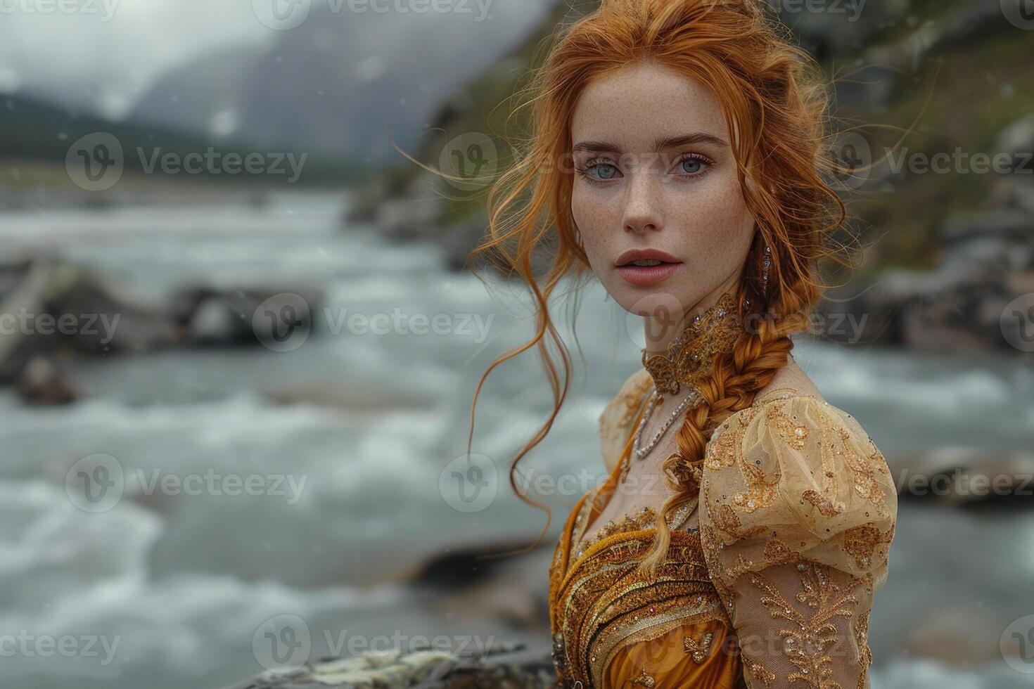 A striking female figure stands by a flowing river, donned in a neoclassical gown echoing the grace of the Middle Ages. The scene captures the maritime romance of the Baroque and Rococo periods photo