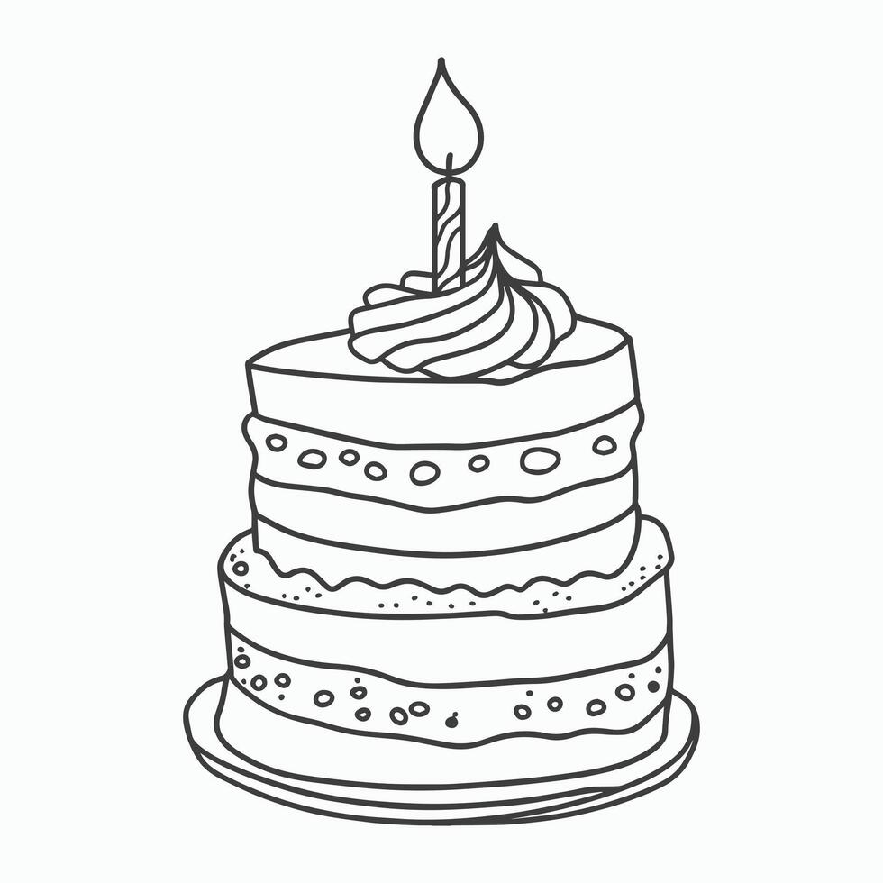 Simple Line Drawing of a Two-Tier Birthday Cake with a Lit Candle Perfect for Coloring and Crafting vector