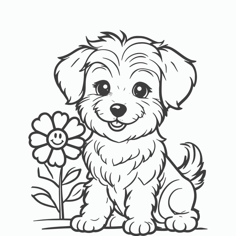 Puppy Sitting Next to a Smiling Flower Whimsical Line Art Perfect for Coloring and Crafting vector