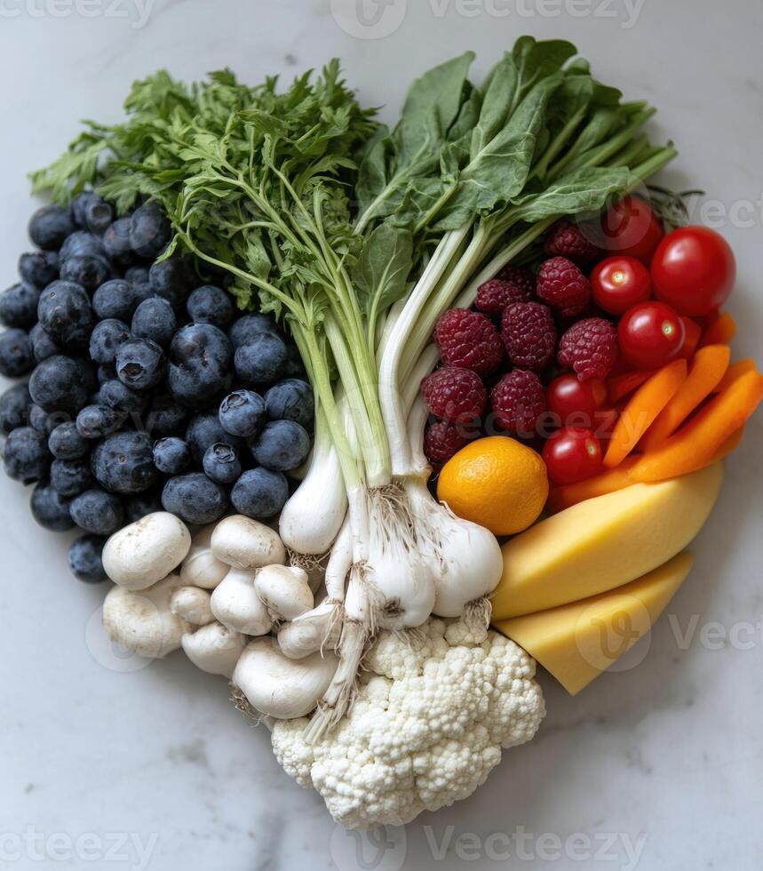 Fresh fruits and vegetables are artistically arranged in a heart shape on a clean white surface, highlighting the vibrant colors and textures of healthy food choices photo