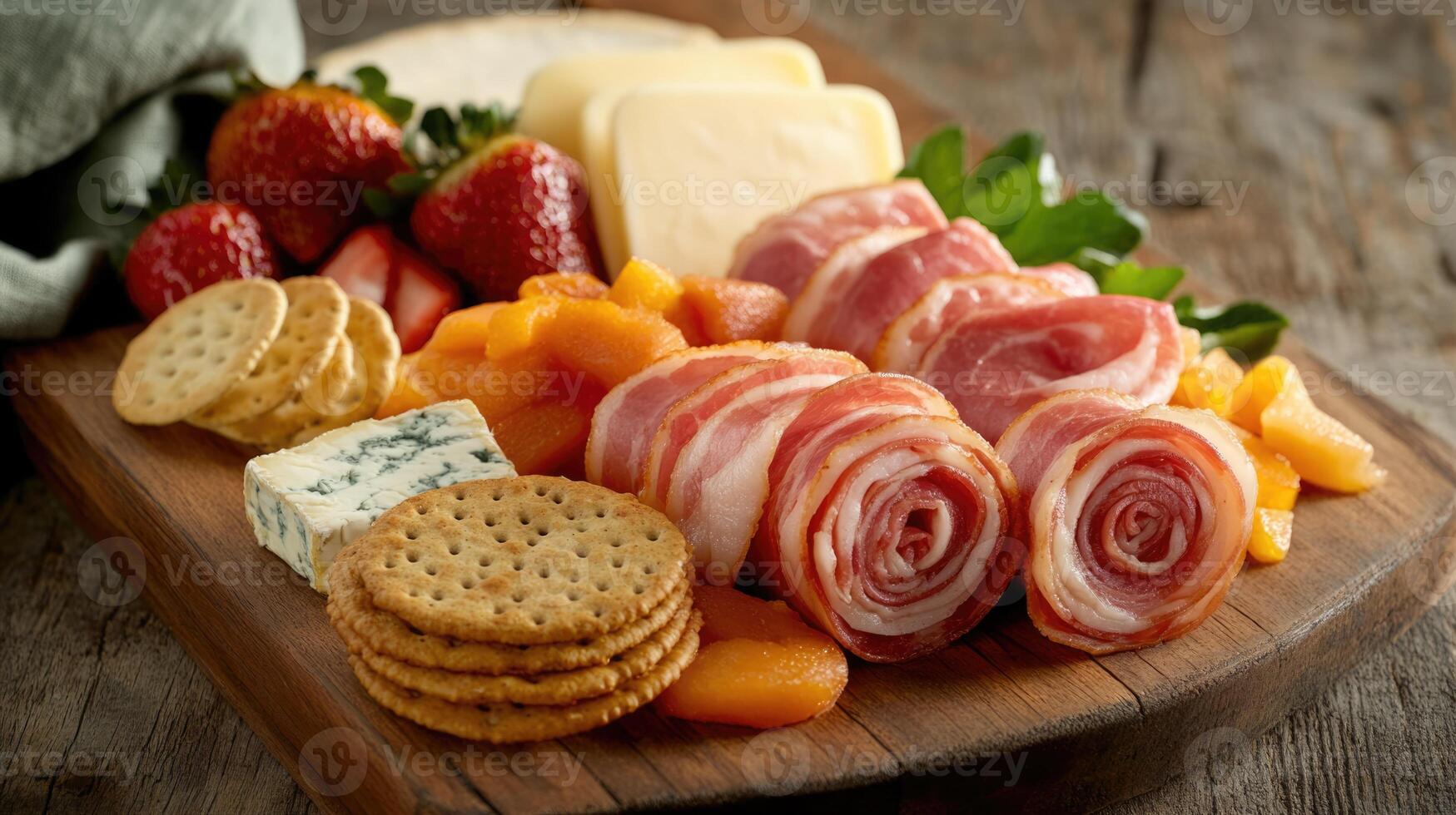 A beautifully arranged charcuterie board showcases a variety of meats, cheeses, fresh strawberries, dried apricots, and crispy crackers on a rustic wooden platter photo