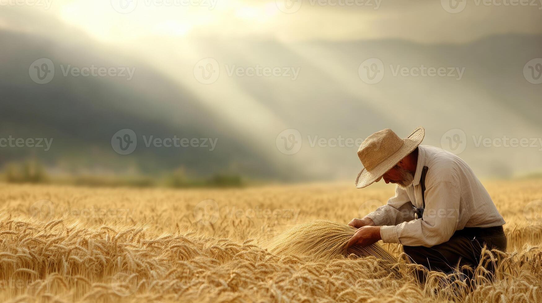 A farmer kneels in a golden wheat field, carefully harvesting the crop as the sun sets in the background. The sky is filled with soft, dramatic light and distant mountains photo