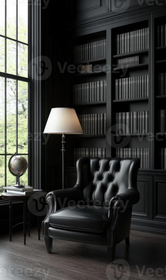 A well-designed reading area featuring a plush leather armchair by a window, dark shelves filled with books, a standing lamp, and a globe on a small table nearby, creating a serene atmosphere photo