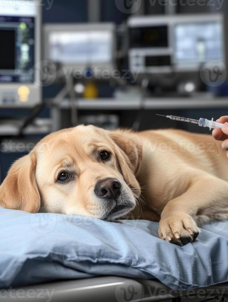 A veterinarian is getting a Golden Retriever ready for an MRI procedure in a veterinary clinic. The atmosphere emphasizes advanced diagnostic technology for pet well-being photo