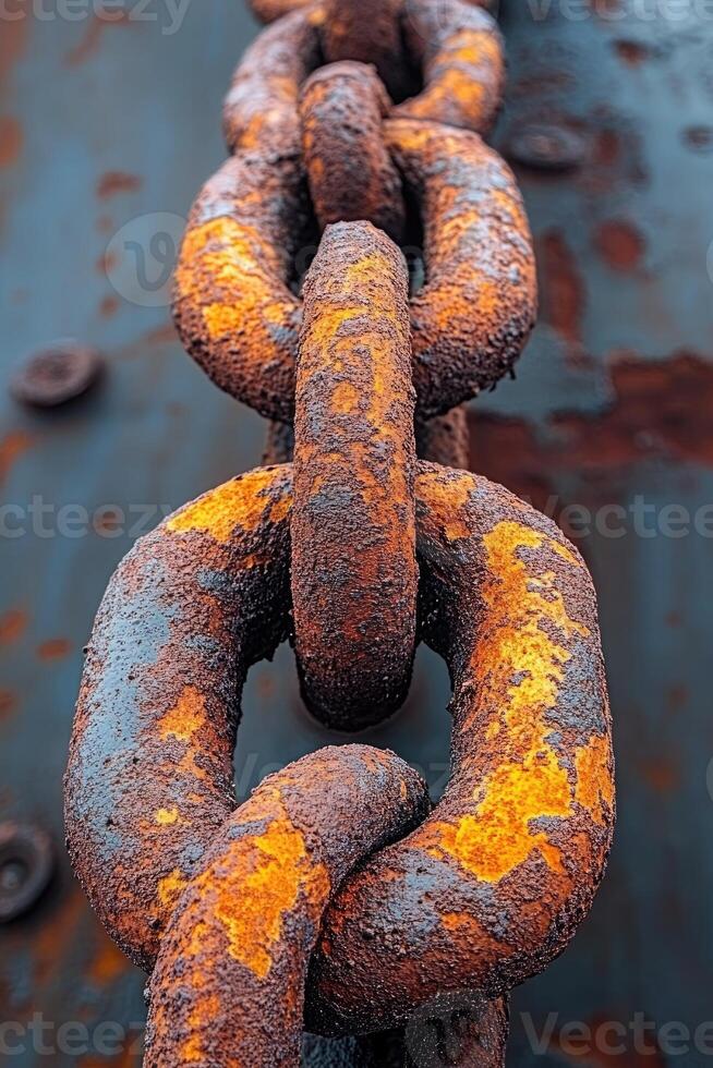 Close view of a rusted metal chain link displaying its weathered texture and orange patina. The background features an industrial surface, emphasizing the aging process of the metal photo