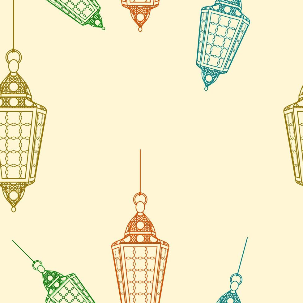 Editable Outline Style Hanging Arabian Lamps Vectorized Illustration With Various Colors as Seamless Pattern for Creating Background of Islamic Occasional Theme Such as Ramadan and Eid or Arab Culture vector