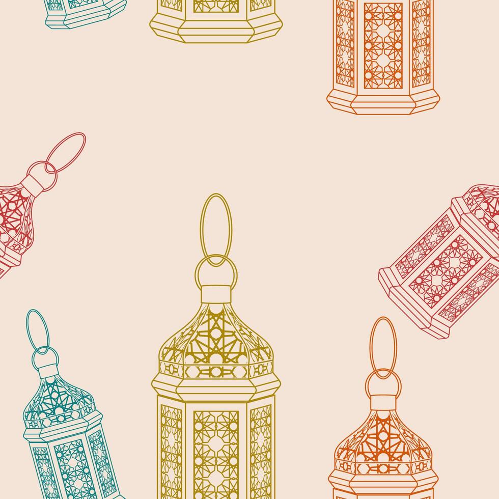 Editable Arab Lamps Vectorized Illustration in Outline Style With Various Colors as Seamless Pattern for Creating Background of Islamic Occasional Theme Such as Ramadan and Eid or Arab Culture vector
