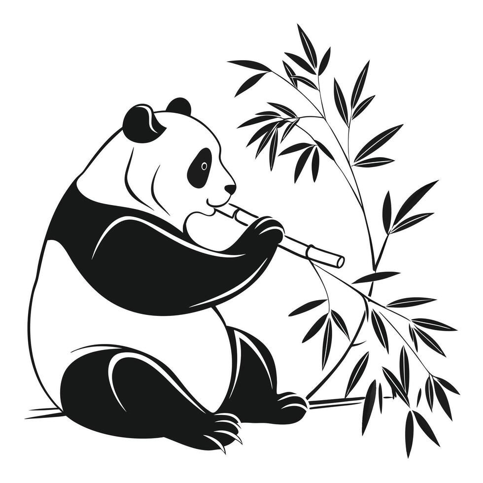 a silhouette line art of a panda eating bamboo vector