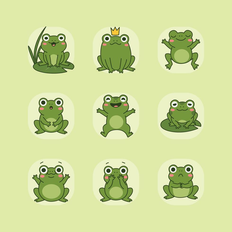 Nine Adorable Cartoon Frogs in Playful Poses vector