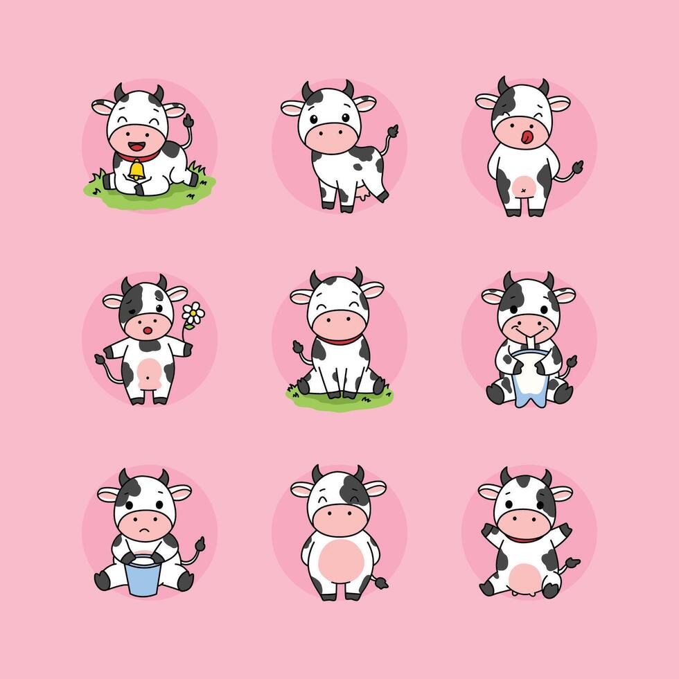 Nine Cute Cartoon Cows in Playful Poses vector