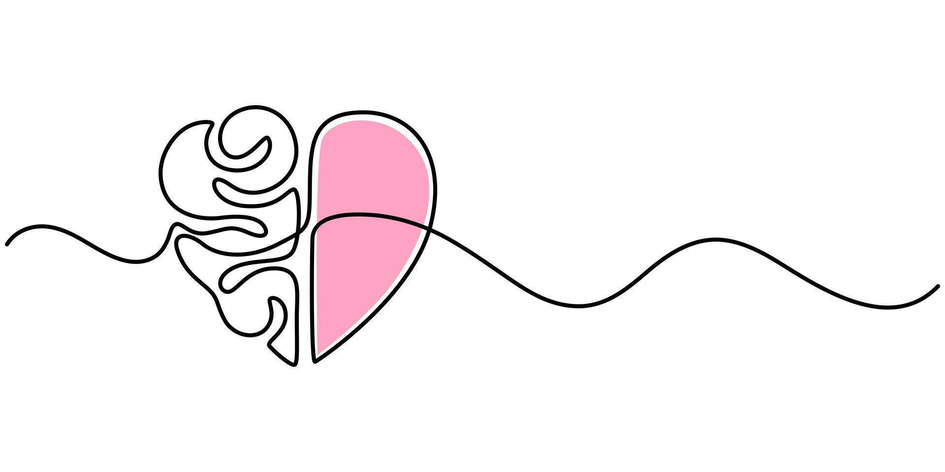 One continuous line drawing of half of a human brain and love in the shape of a heart logo icon Philosophical of love and reason vector