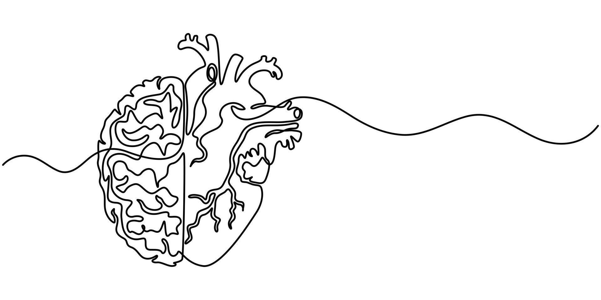 continuous one line drawing of half of a human brain and love in the shape of a heart vector