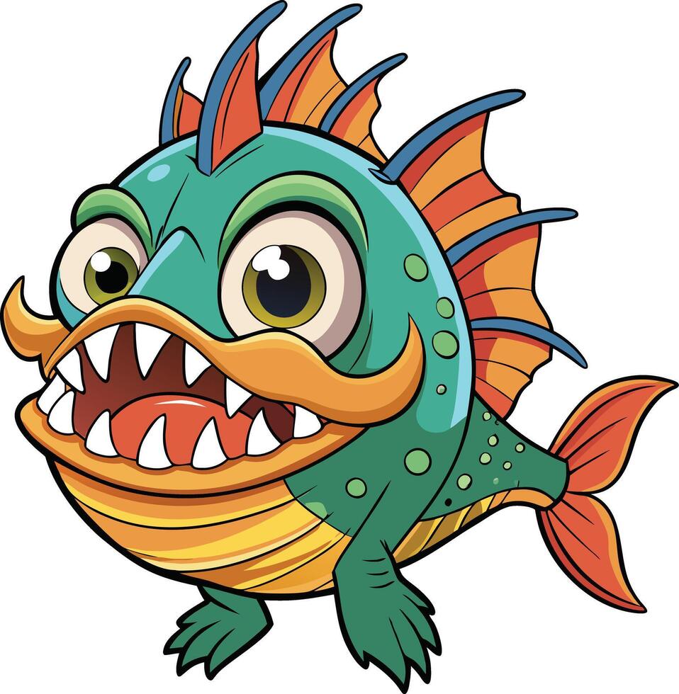 Cartoonish fish with sharp teeth and funny mustache vector