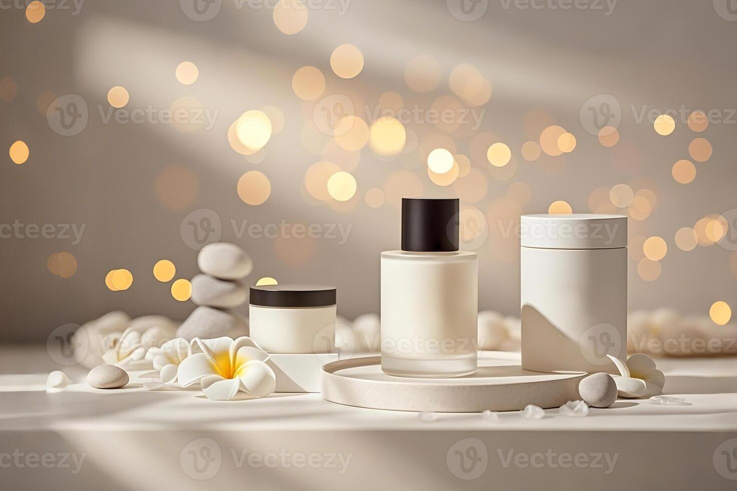 Elegant White Cosmetic Bottles And Jars On A Minimalist Display photo