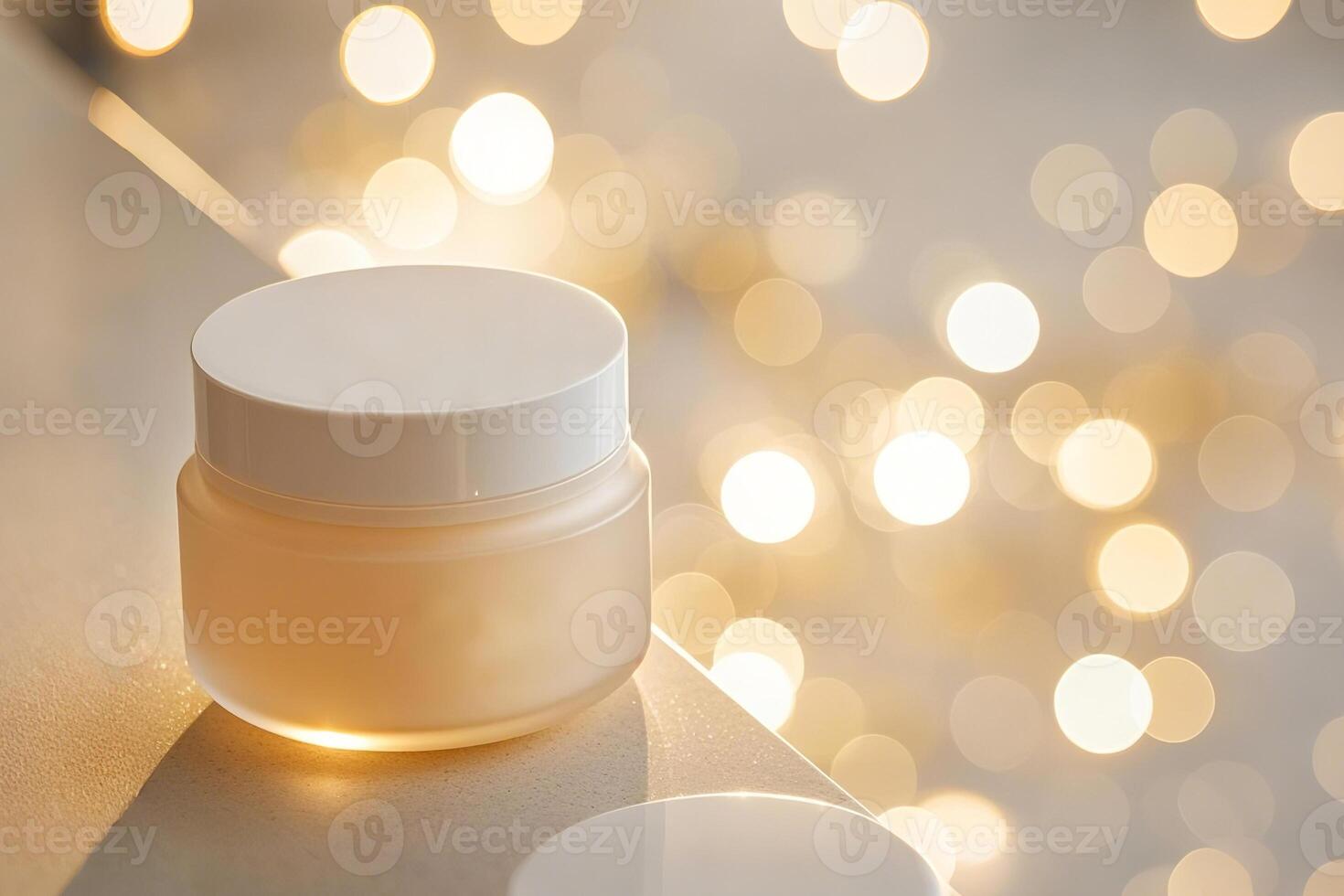 Elegant Cream Jar Against A Bokeh Background photo