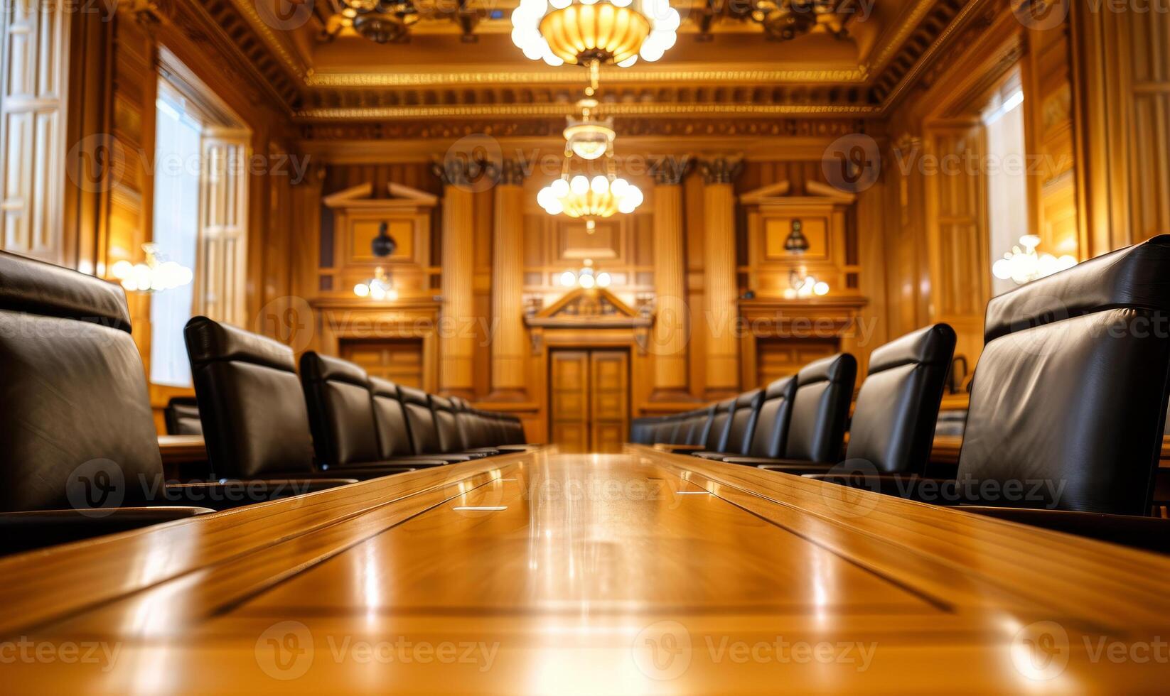 A long wooden table in a large room with black chairs photo
