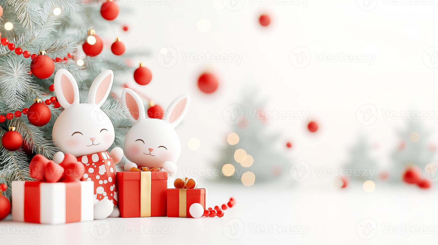 Two white rabbits with presents on a white background photo