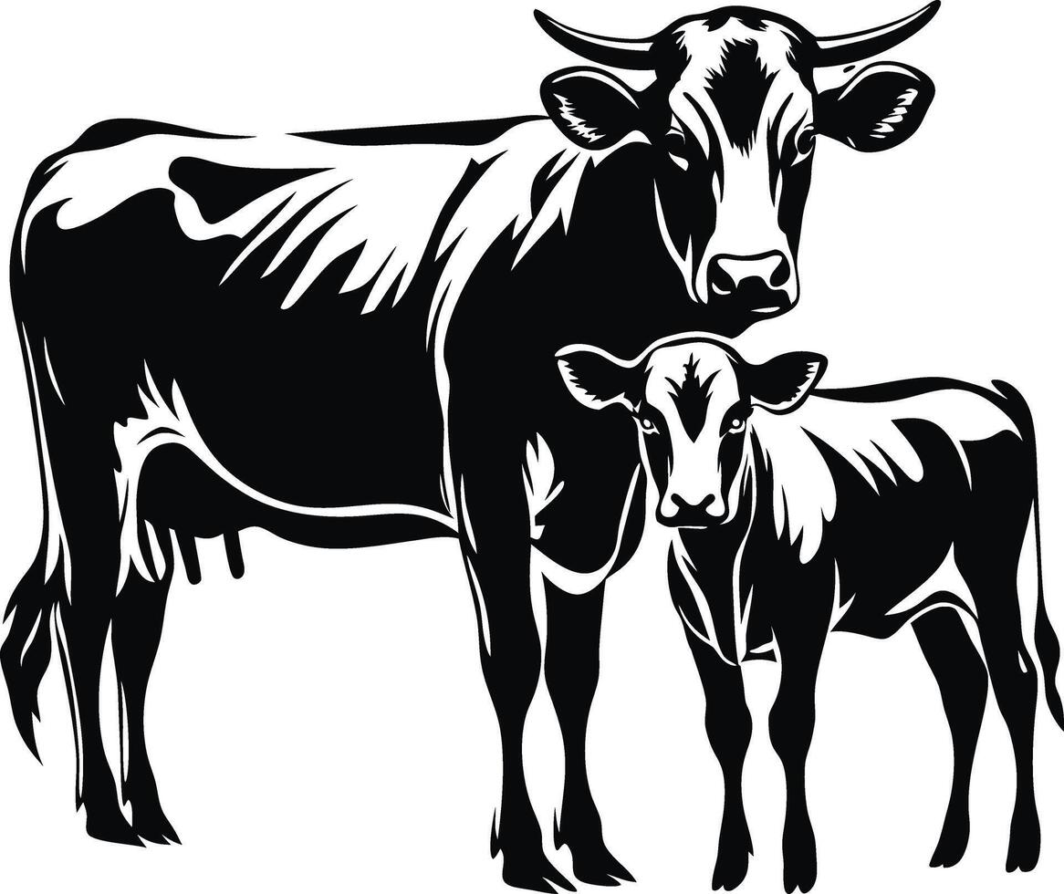 Cows and Calves Silhouette vector