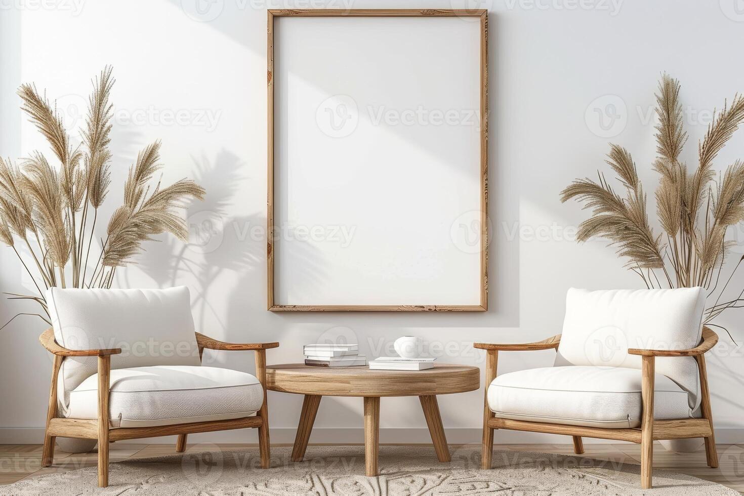 Mock up poster frame in a living room with two chairs and a rug photo