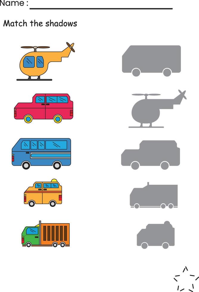 Matching Shadows Transprotation Worksheet for Kids vector