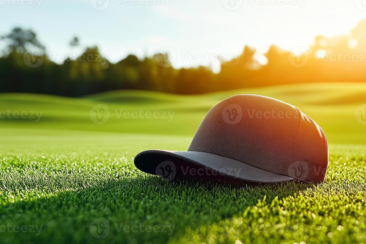 A hat sits on the grass in front of a green field photo
