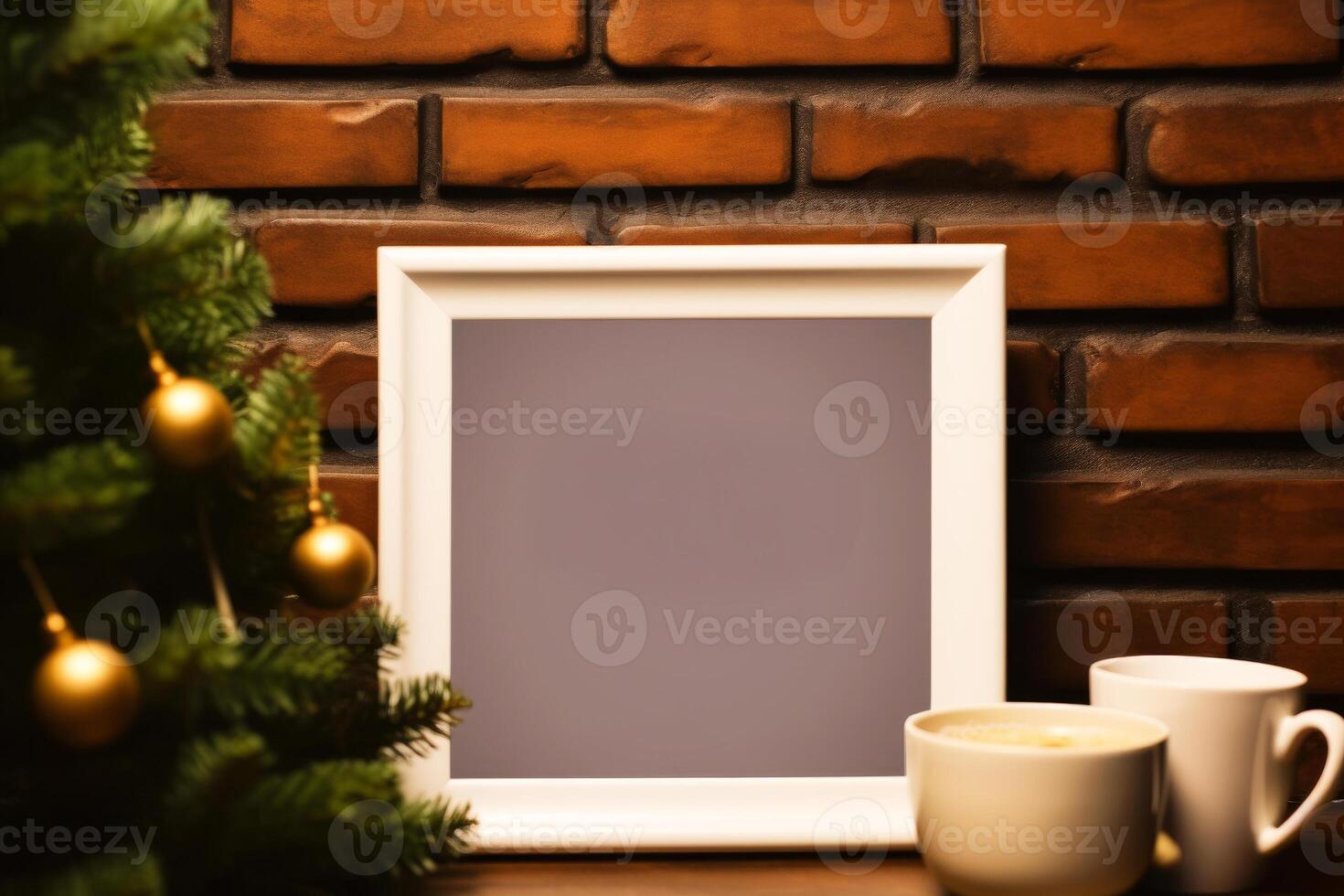 Photo frame and coffee mug on the table with christmas tree