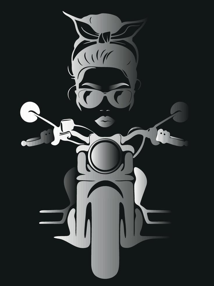 A black and white illustration of a woman riding a motorcycle. vector