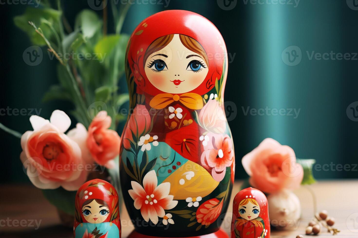 A russian doll with a flower in the background photo