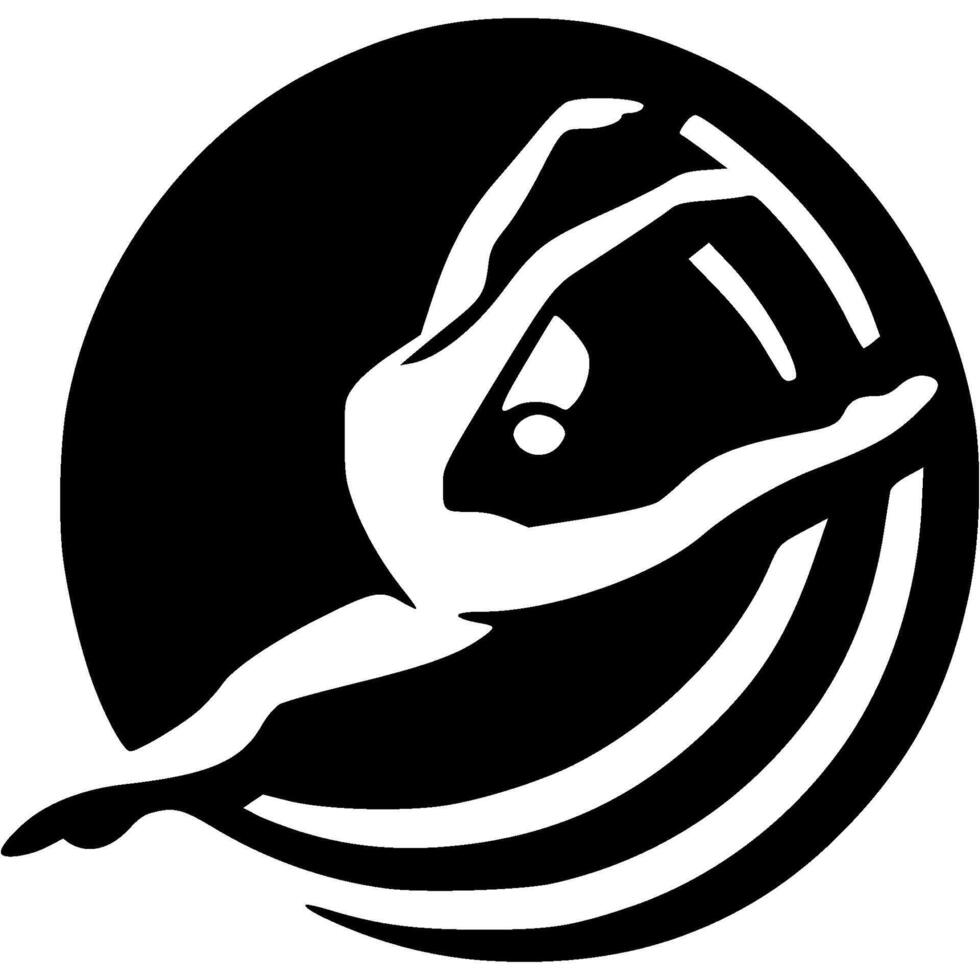 Sport emblem of girl gymnast jumping in splits in monochrome. Engraving minimalistic image in black ink drawing on white background vector